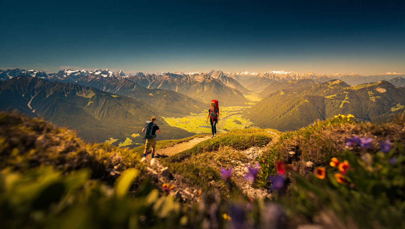 Deutsche Landschaft mit Wanderweg durch Bergwiesen